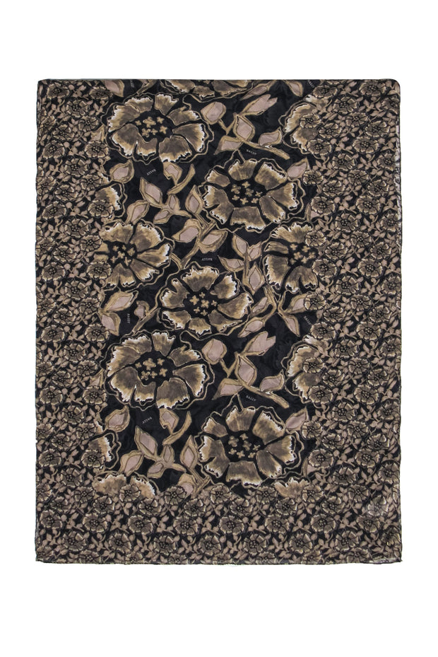 Current Boutique-Bally - Grey, Tan & Black Silk Floral Print Long Scarf