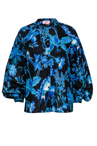 Current Boutique-Banjanan - Black w/ Blue Floral Print Cotton Blouse Sz S