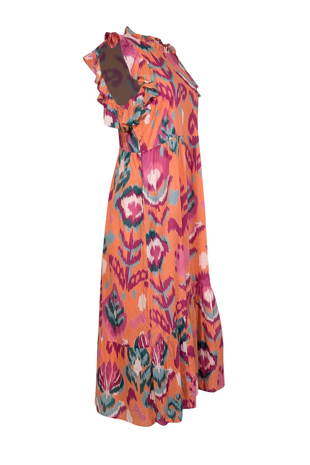 Current Boutique-Banjanan - Orange, Magenta & Teal Ikat Print Midi Dress Sz L