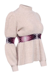 Current Boutique-Ba&sh - Beige Wool Blend Mock Neck Peplum Sweater w/ Geometric Print Sz S