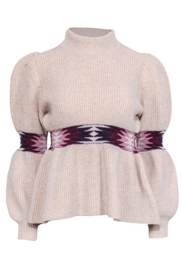 Current Boutique-Ba&sh - Beige Wool Blend Mock Neck Peplum Sweater w/ Geometric Print Sz S