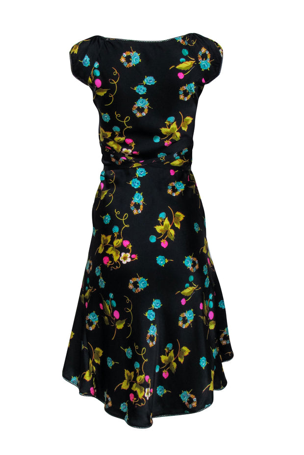 Current Boutique-Betsy Johnson - Black w/ Pink & Green Floral Fruit Print Silk Dress Sz 4