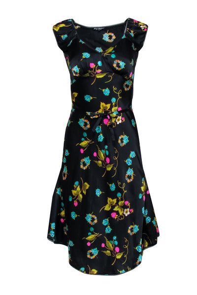 Current Boutique-Betsy Johnson - Black w/ Pink & Green Floral Fruit Print Silk Dress Sz 4