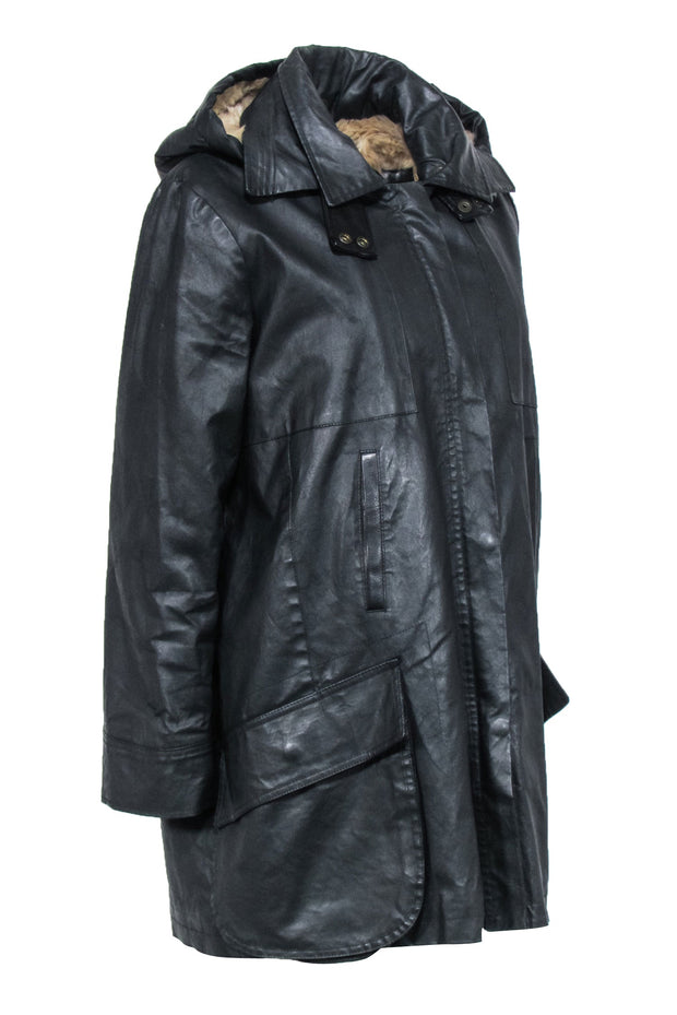 Current Boutique-Billy Reid - Black Waxed Fabric Hooded Coat Sz L