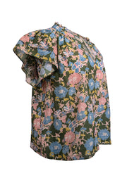 Current Boutique-Birds of Paradis - Green w/ Pink & Blue Floral Print Cotton Blouse Sz M