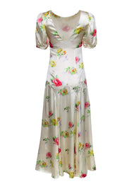 Current Boutique-Black Iris - Ivory w/ Multi Color Floral Print Hammered Silk Dress Sz 2