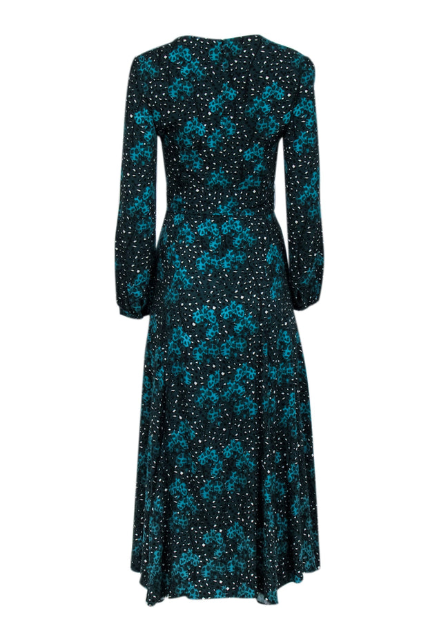 Current Boutique-Borgo De Nor - Blue Animal Print Long Sleeve Midi Dress w/ Waist Tie Sz 4