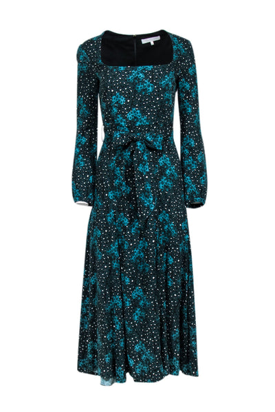 Current Boutique-Borgo De Nor - Blue Animal Print Long Sleeve Midi Dress w/ Waist Tie Sz 4
