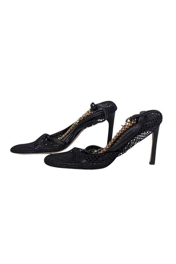 Current Boutique-Bottega Veneta - Black Mesh Detail Heel w/ Chain Strap Sz 9
