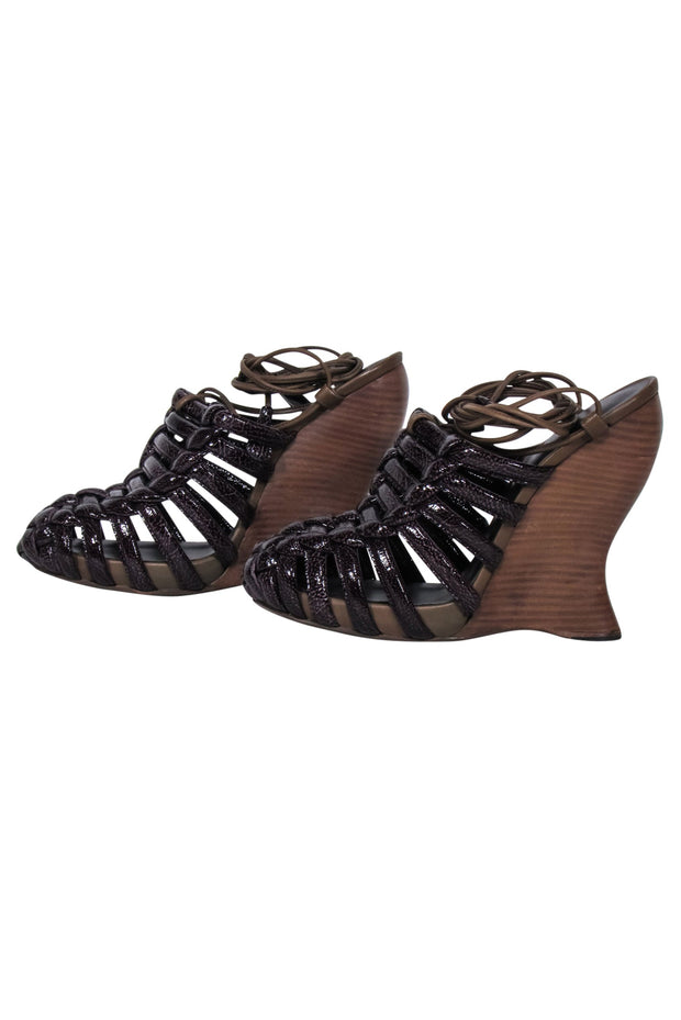 Current Boutique-Bottega Veneta - Brown Patent Leather Ankle Wrap Wedges Sz 8