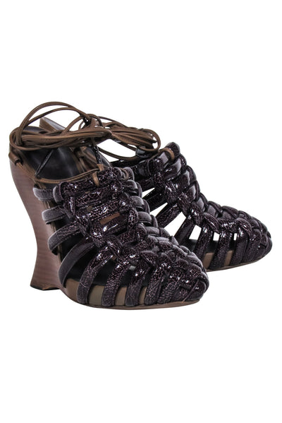 Current Boutique-Bottega Veneta - Brown Patent Leather Ankle Wrap Wedges Sz 8
