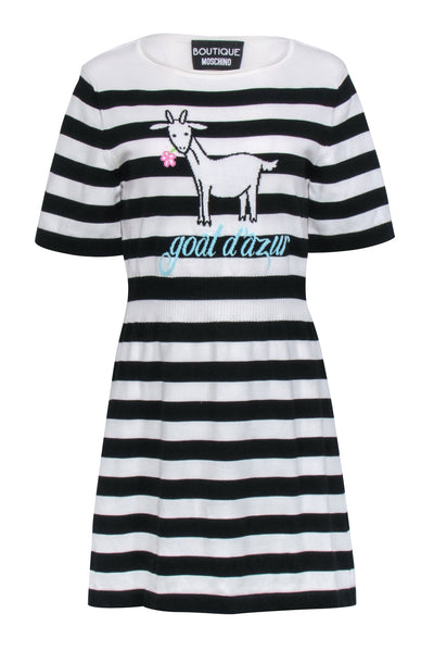 Current Boutique-Boutique Moschino - Black & White Stripe Intarsia-Knit Goat Motif Dress Sz 8