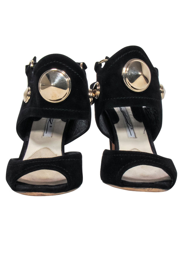 Current Boutique-Brian Atwood - Black Suede Open Toe Heels w/ Gold Stud Detail Sz 6