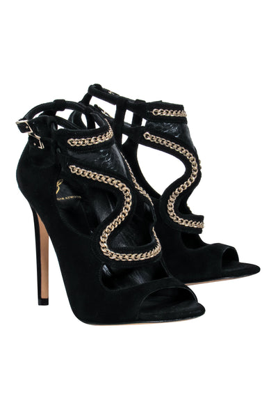 Current Boutique-Brian Atwood - Black Suede Strappy Peep Toe Heels w/ Gold Chain Detail Sz 5.5