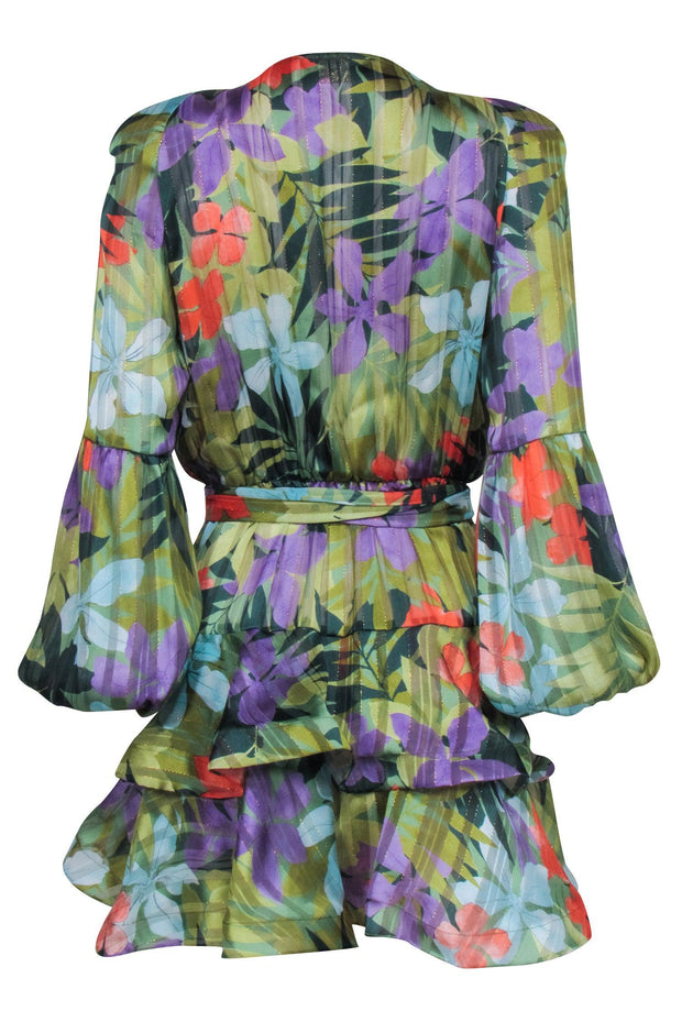 Current Boutique-Bronx & Banco - Green w/ Multi Color Tropical Print Ruffled Hem Mini Dress Sz 4