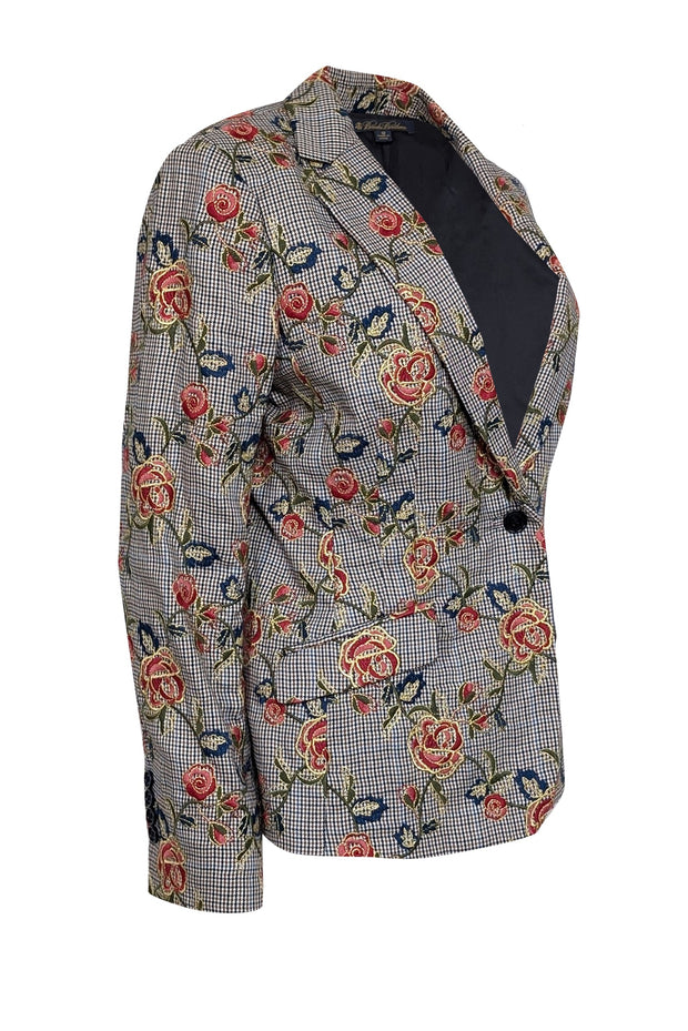 Current Boutique-Brooks Brothers - Brown, Black & Blue Houndstooth w/ Red Embroidered Roses Blazer Sz 12