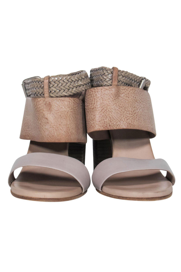Current Boutique-Brunello Cucinelli - Tan Pebbled & Braided Leather Block Mule Heels Sz 11