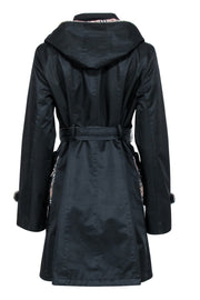Current Boutique-Burberry - Black Belted Trench Coat w/ Signature Plaid Trim & Hood Sz XXL