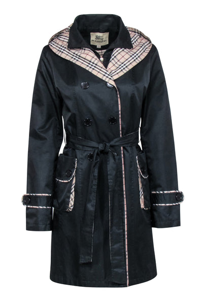 Current Boutique-Burberry - Black Belted Trench Coat w/ Signature Plaid Trim & Hood Sz XXL