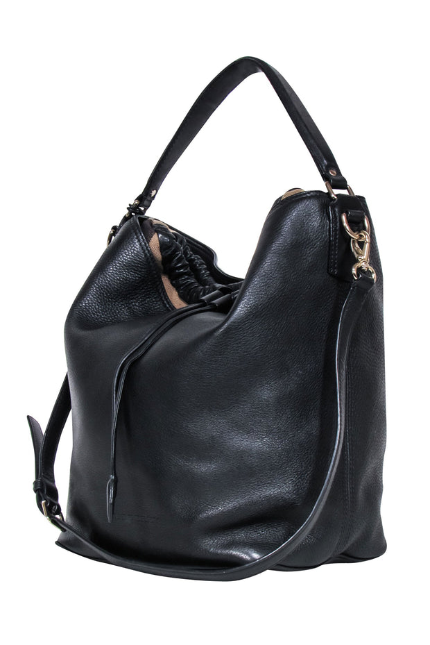 Current Boutique-Burberry - Black Leather Large Bucket Bag w/ Signature Plaid Trim
