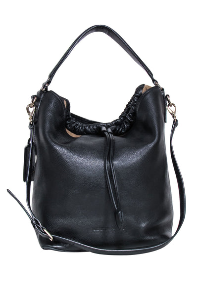 Current Boutique-Burberry - Black Leather Large Bucket Bag w/ Signature Plaid Trim
