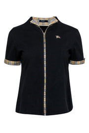 Current Boutique-Burberry - Black Zip-Up Short Sleeve Shirt w/ Plaid Trim Sz XL
