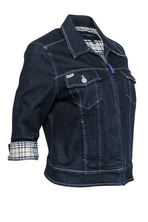 Current Boutique-Burberry - Dark Wash Denim Jacket w/ Plaid Cuffs Sz 10