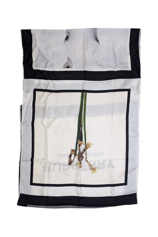 Current Boutique-Burberry - Ivory Silk Scarf w/ Logo Font & Horse Face Print Scarf