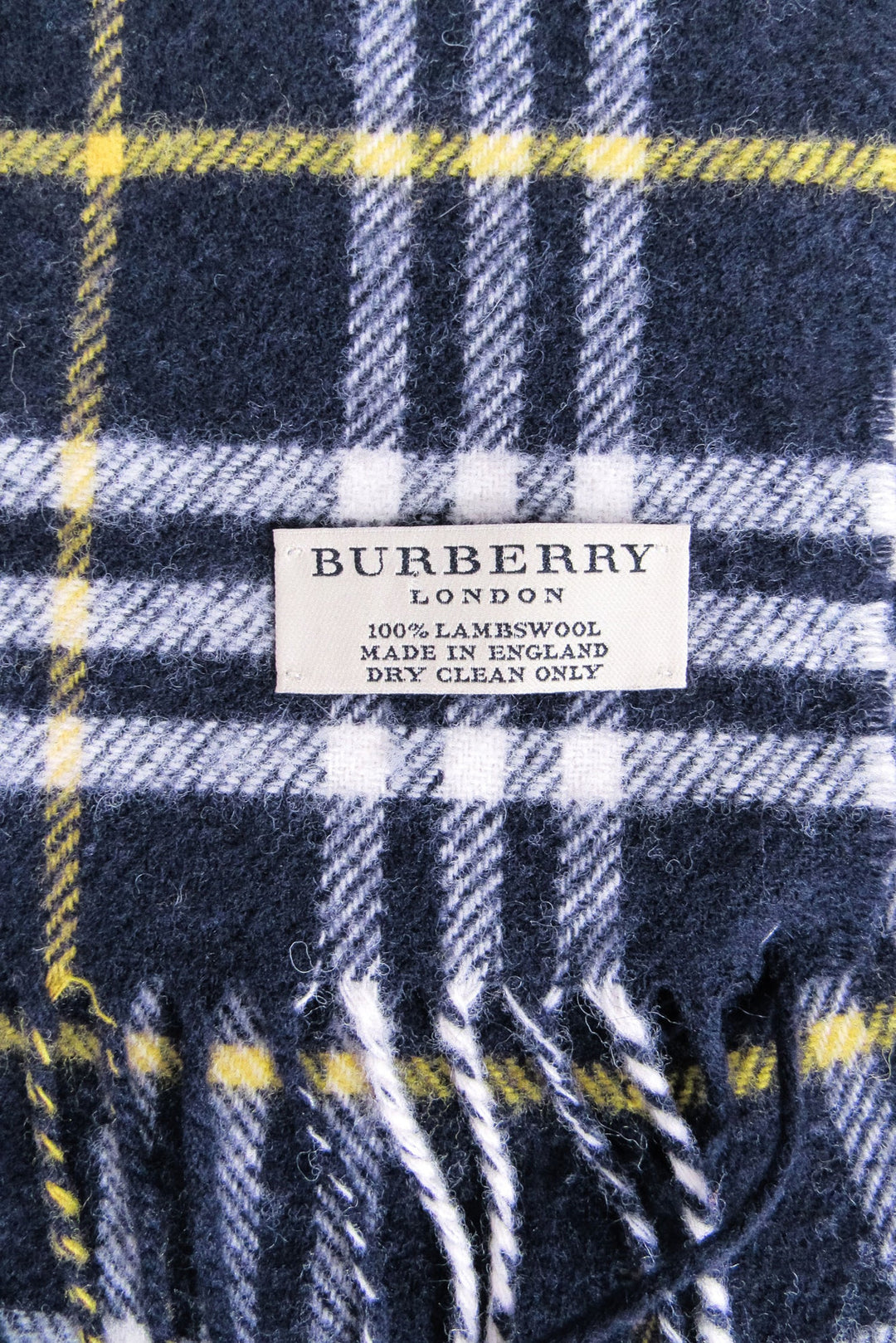 Burberry Navy White Yellow Plaid Lambswool Scarf Current Boutique