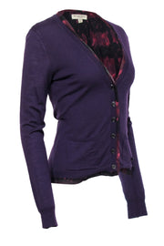 Current Boutique-Burberry - Purple Wool Cardigan w/ Print Lining Detail Sz S