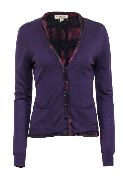 Current Boutique-Burberry - Purple Wool Cardigan w/ Print Lining Detail Sz S