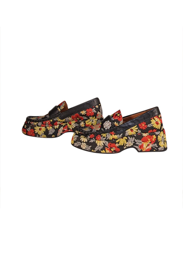Ganni - Black, Red, & Green Brocade Floral Platform Loafers Sz 8