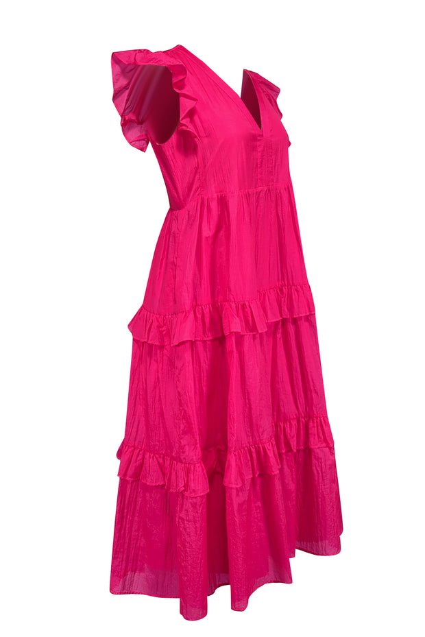 Amanda Uprichard - Bright Pink Crinkled Satin Ruffled Midi Dress Sz S