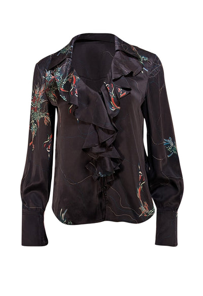 Equipment - Black, Red, & Teal Print Ruffle Front Silk Blouse Sz S - Current Boutique