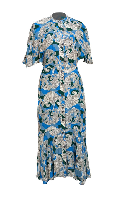 Equipment - Blue, Green, & White Button Front Midi Dress Sz 6 - Current Boutique