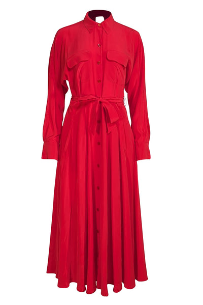 Equipment - Red Silk Long Sleeve Shirt Dress Sz 6 - Current Boutique