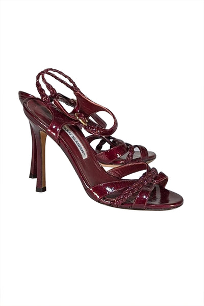 Manolo Blahnik - Maroon Patent Leather Braided Strap Sandal Heels Sz 8 - Current Boutique