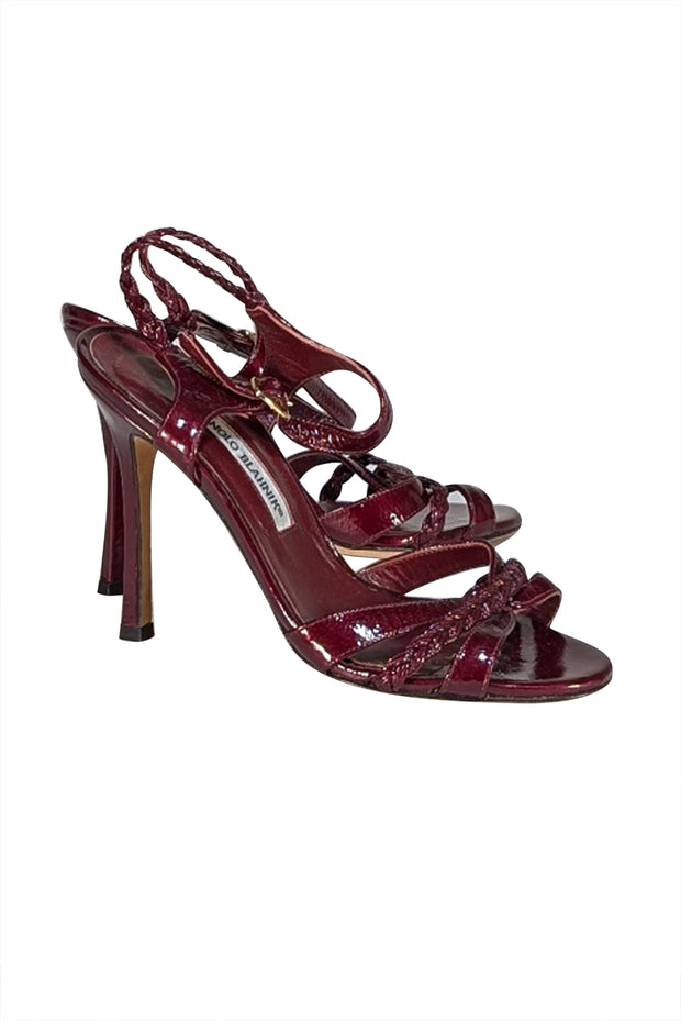 Manolo Blahnik - Maroon Patent Leather Braided Strap Sandal Heels Sz 8 - Current Boutique