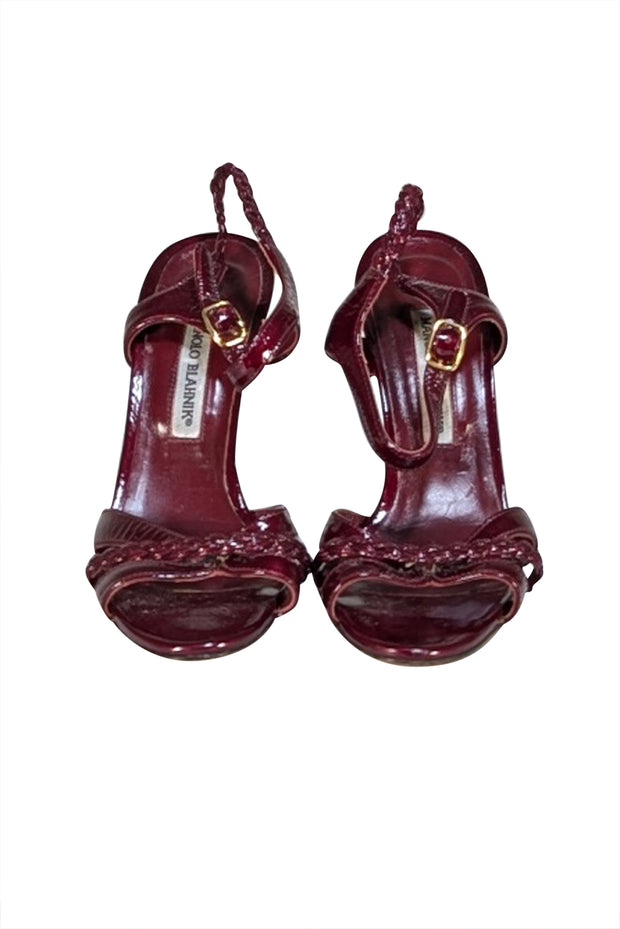 Manolo Blahnik - Maroon Patent Leather Braided Strap Sandal Heels Sz 8 - Current Boutique