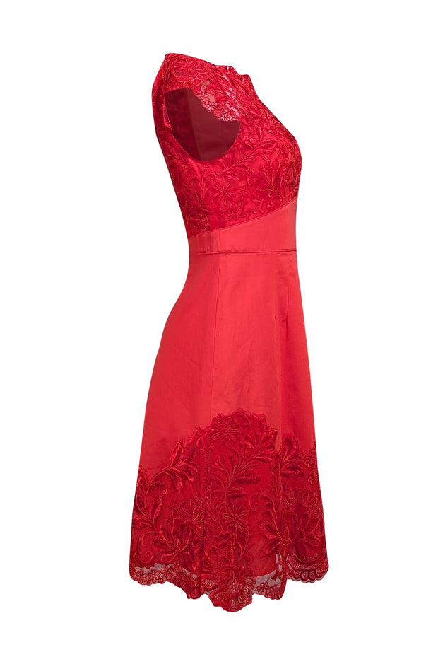 Karen Millen - Red Lace Trim Sheath Dress Sz 6 - Current Boutique