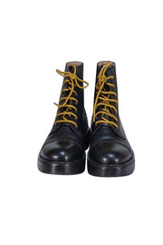 Ferragamo - Black Leather Lace Up Combat Boots Sz 7.5 - Current Boutique