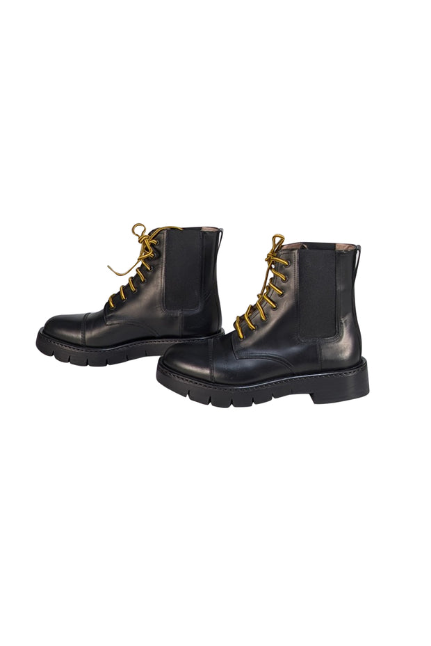 Ferragamo - Black Leather Lace Up Combat Boots Sz 7.5 - Current Boutique