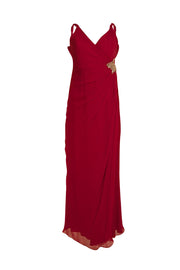 Pamella Roland - Raspberry Silk Chiffon W/ Rhinestone Cluster Maxi Dress Sz 10