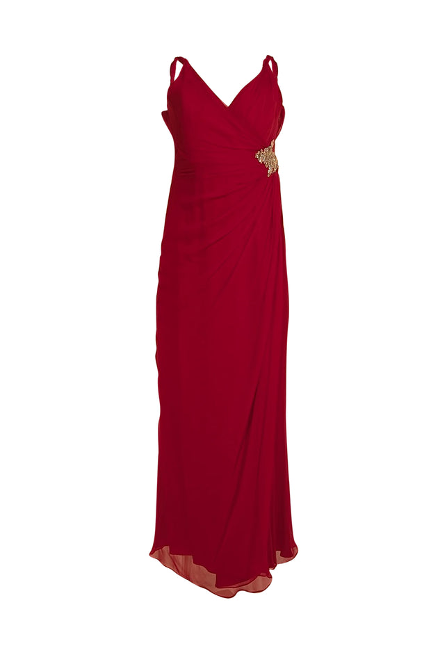 Pamella Roland - Raspberry Silk Chiffon W/ Rhinestone Cluster Maxi Dress Sz 10