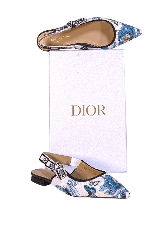 Christian Dior - White, Black, & Blue Floral Slingback Heels Sz 8