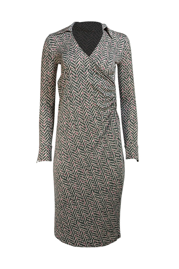 Diane von Furstenberg - Green, Cream, & Pink Print Side Ruched Dress Sz P