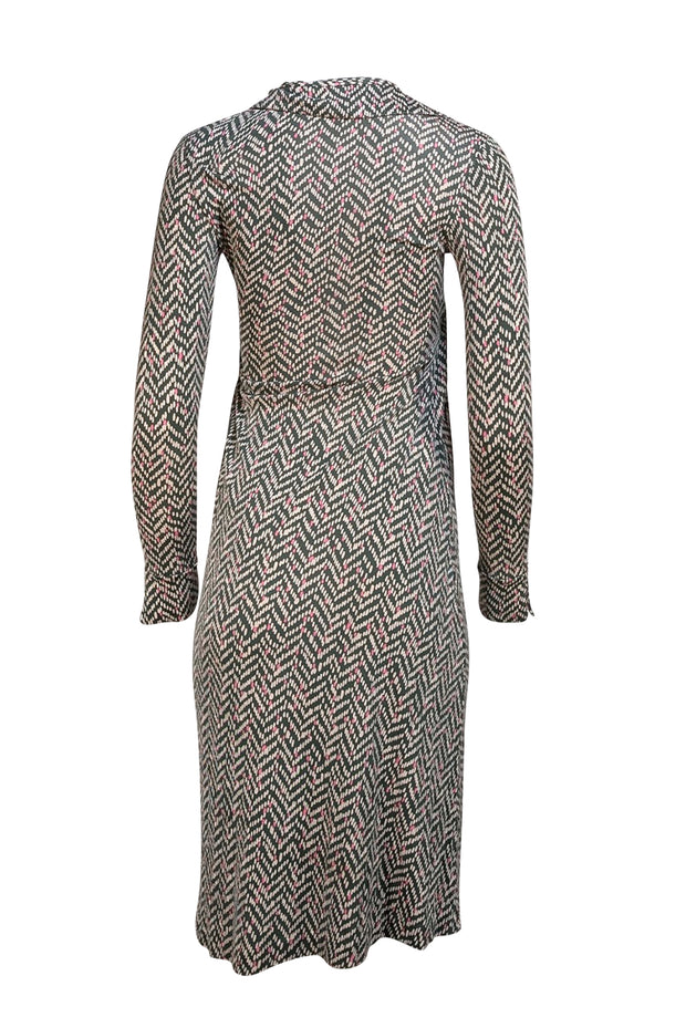 Diane von Furstenberg - Green, Cream, & Pink Print Side Ruched Dress Sz P