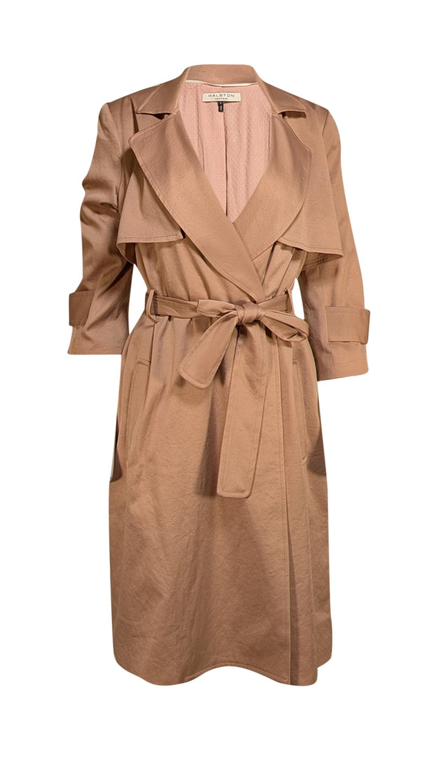 Halston Heritage - Khaki Satin Midi Trench Coat Sz L - Current Boutique