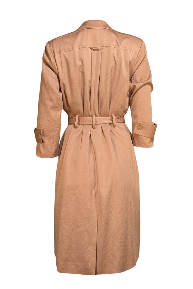 Halston Heritage - Khaki Satin Midi Trench Coat Sz L - Current Boutique