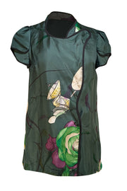 Prada - Green Silk Printed Short Sleeve Top Sz 8 - Current Boutique